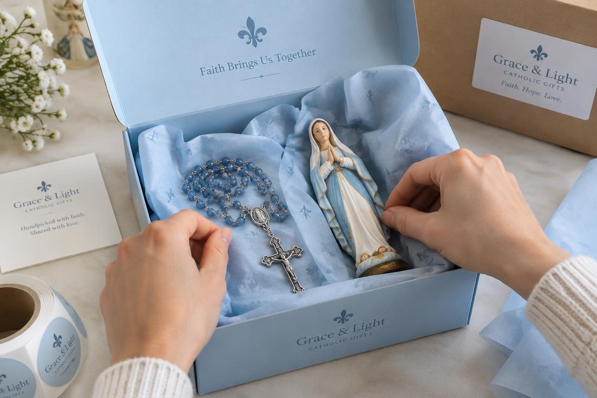 Caixa de presente com terço e imagem de Nossa Senhora