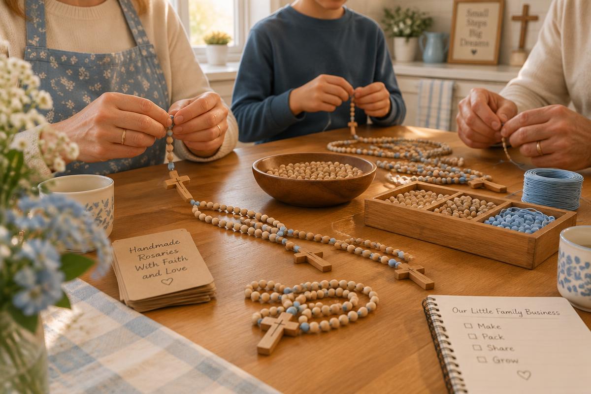 Mãos montando terços artesanais em uma mesa