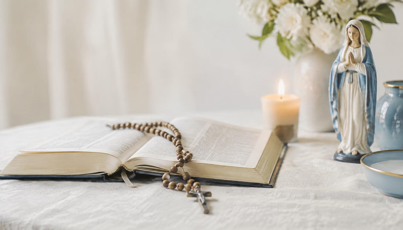 Terço, Bíblia e imagem de Nossa Senhora